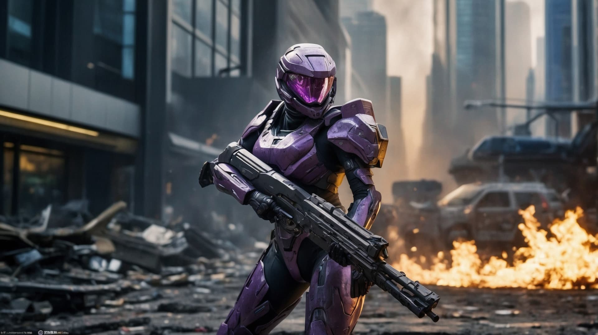 AI generated: photorealistic, detailed flying debris, a bulk female warrior in halo spartan armor fighting strongl...