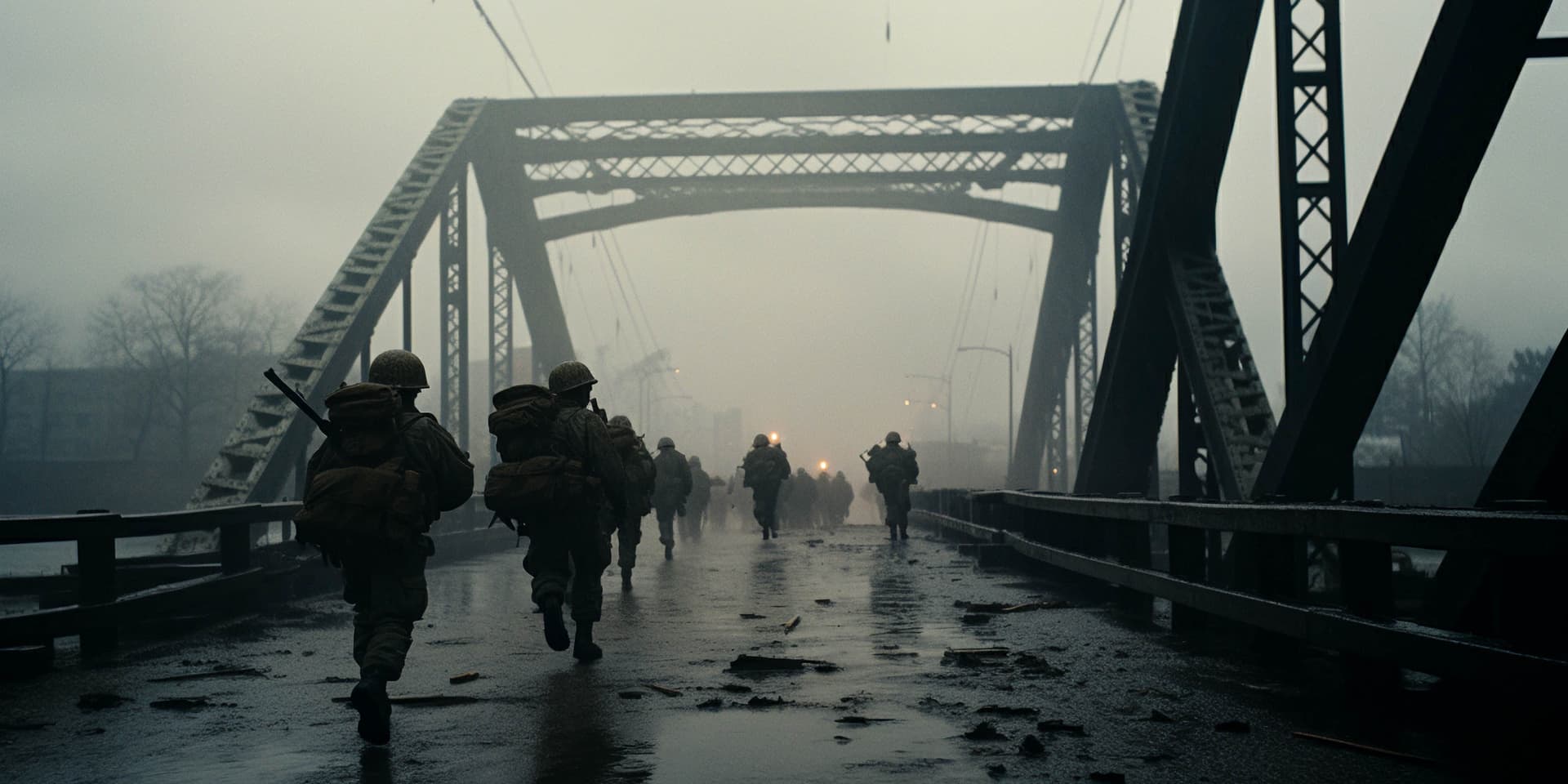 AI generated: Cinematic still, film by Steven Spielberg, soldiers crossing a bridge under heavy fire, overcast lig...