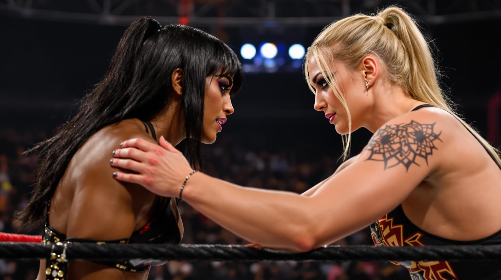 AI generated: a wide-angle photo showing a female pro-wrestling match between two female wrestlers: Jenny versus T...