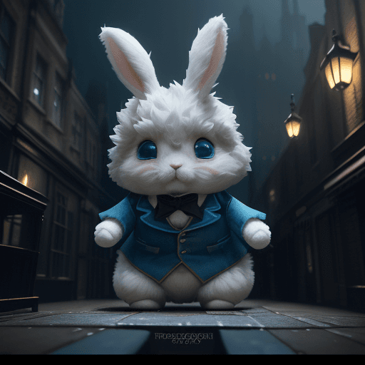 AI generated: cut little fluffy Bunny cub dressed up as sherlock holmes, blue eyes, investigating a crime, pixar-s...