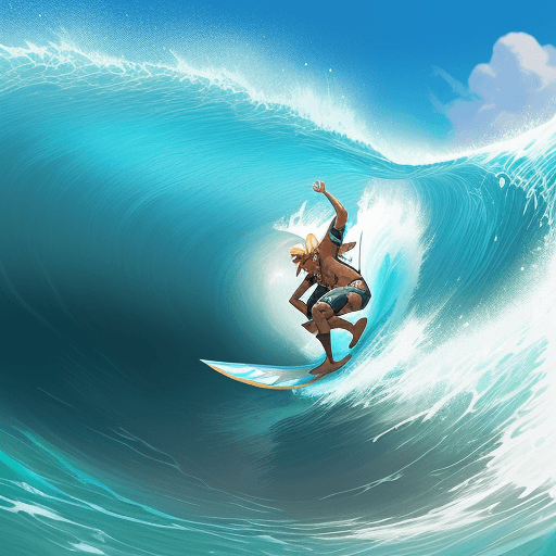 AI generated: a man surfing a wave in Bali, by Miyazaki, Nausicaa Ghibli, Breath of The Wild --s 750 --q 2