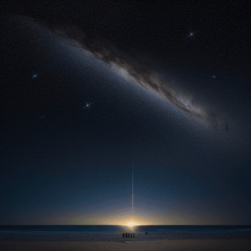 AI generated: La imagen de la vía láctea, al fondo planetas estrellas, vista desde la playa de un planeta lejano.