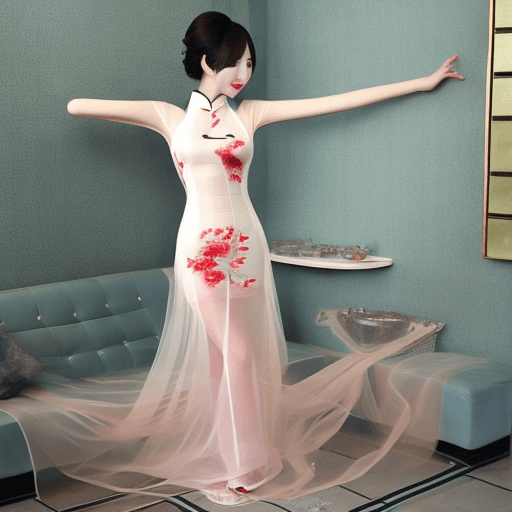 AI generated: sexy and cute naked girl wearing a beautiful floor length see-through cheongsam with no underwear