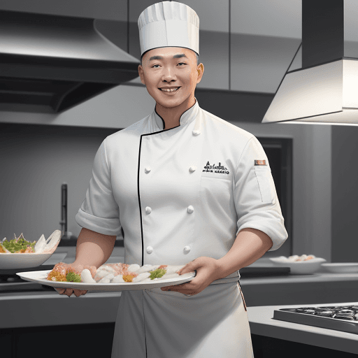 AI generated: A handsome asian chef wearing white chef clothing and a head chef hat standing in a clean modern kit...