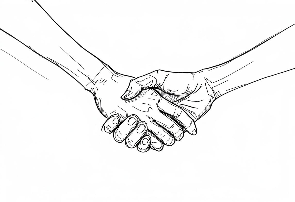 AI generated: minimalist line art drawing of a woman's and a man's hands gently embracing each other, sketched in ...