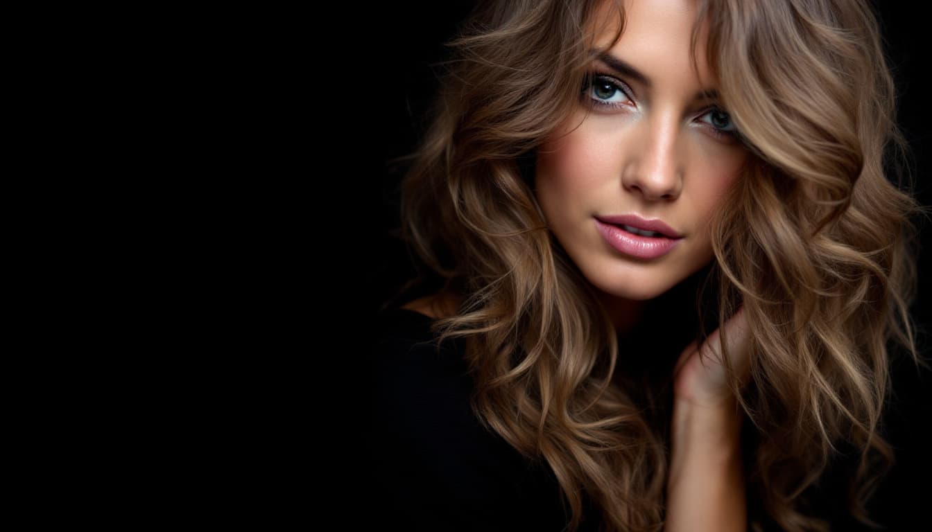 AI generated: Close-up portrait of a woman with wavy hair, black top, gentle expression, soft lighting, dark backg...