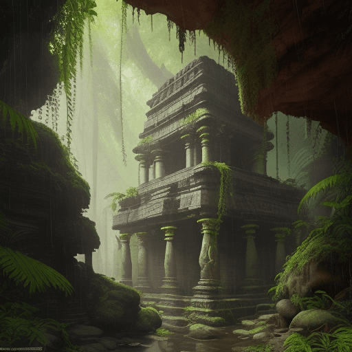 AI generated: ancient Indian hidden temple found deep inside a lush rain forest| ancient Indian ruins| carved cave...