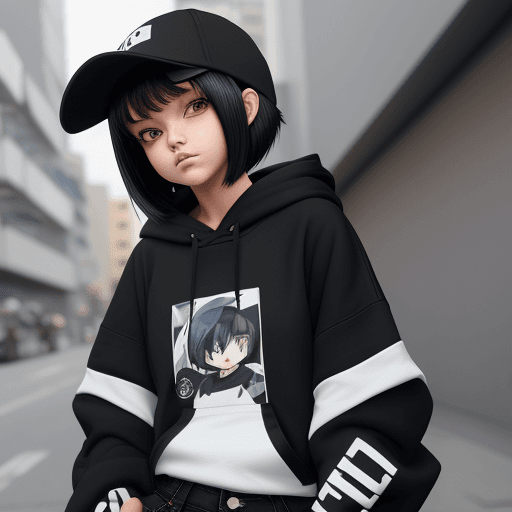 AI generated: tomboy girl, anime girl,  black hoodie, black jeans, dark blue cap, black bob hair, white secret two...