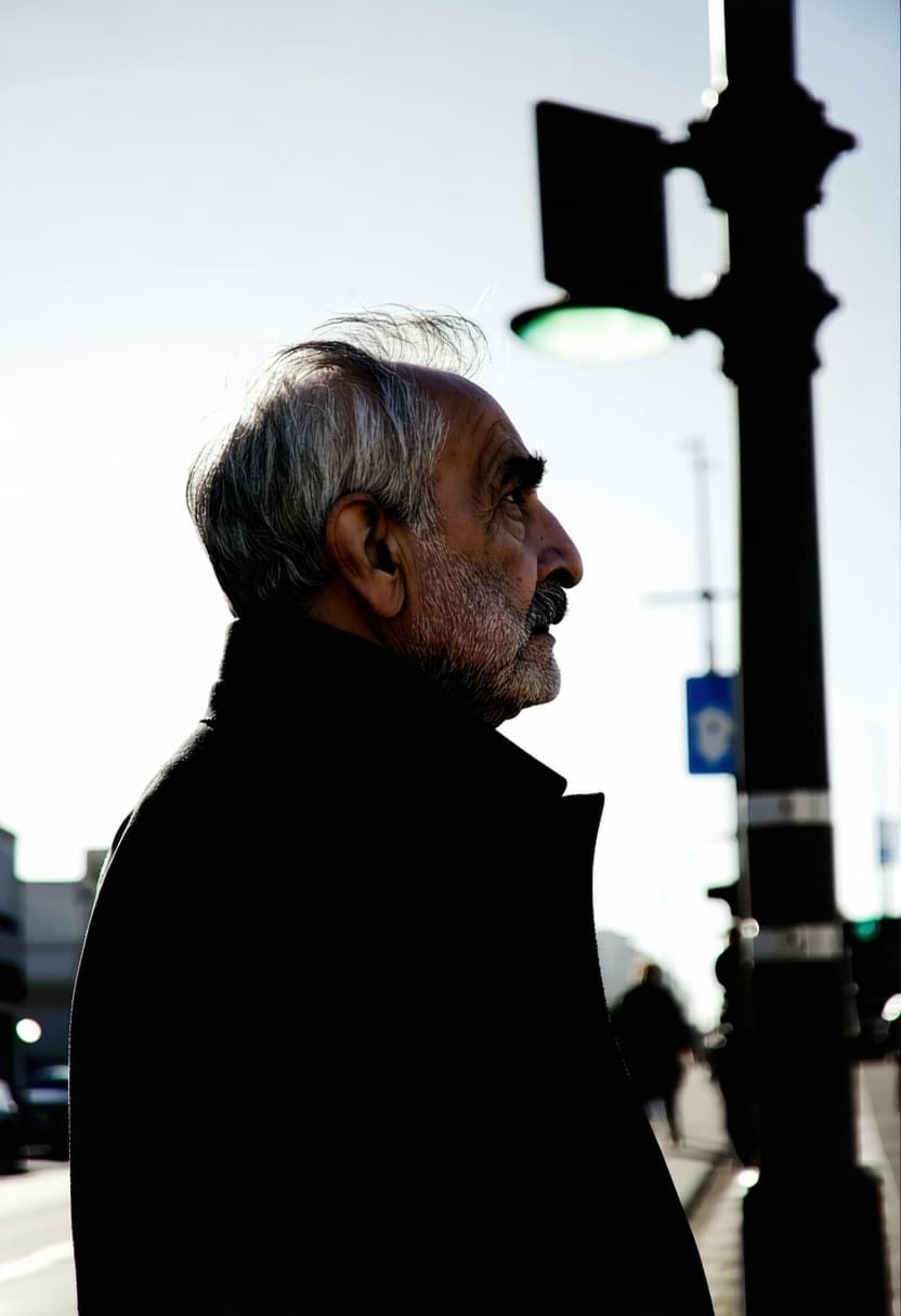 AI generated: Side view of silhouette gray-haired old man in street lights, volumetric lighting, cinematic angle, ...