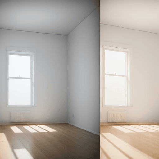 AI generated: Before-after of a room, empty bright room on a side and decorated room on the other side, minimalist...