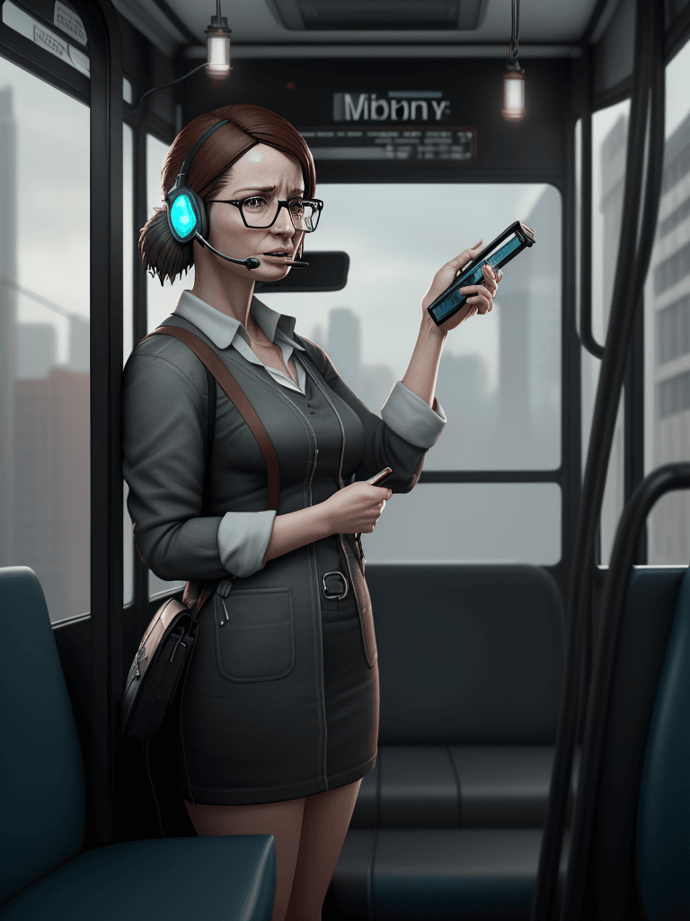 AI generated: Woman making phone call. holding a miniature bus. cinematic, hyper realism, high detail, octane rend...