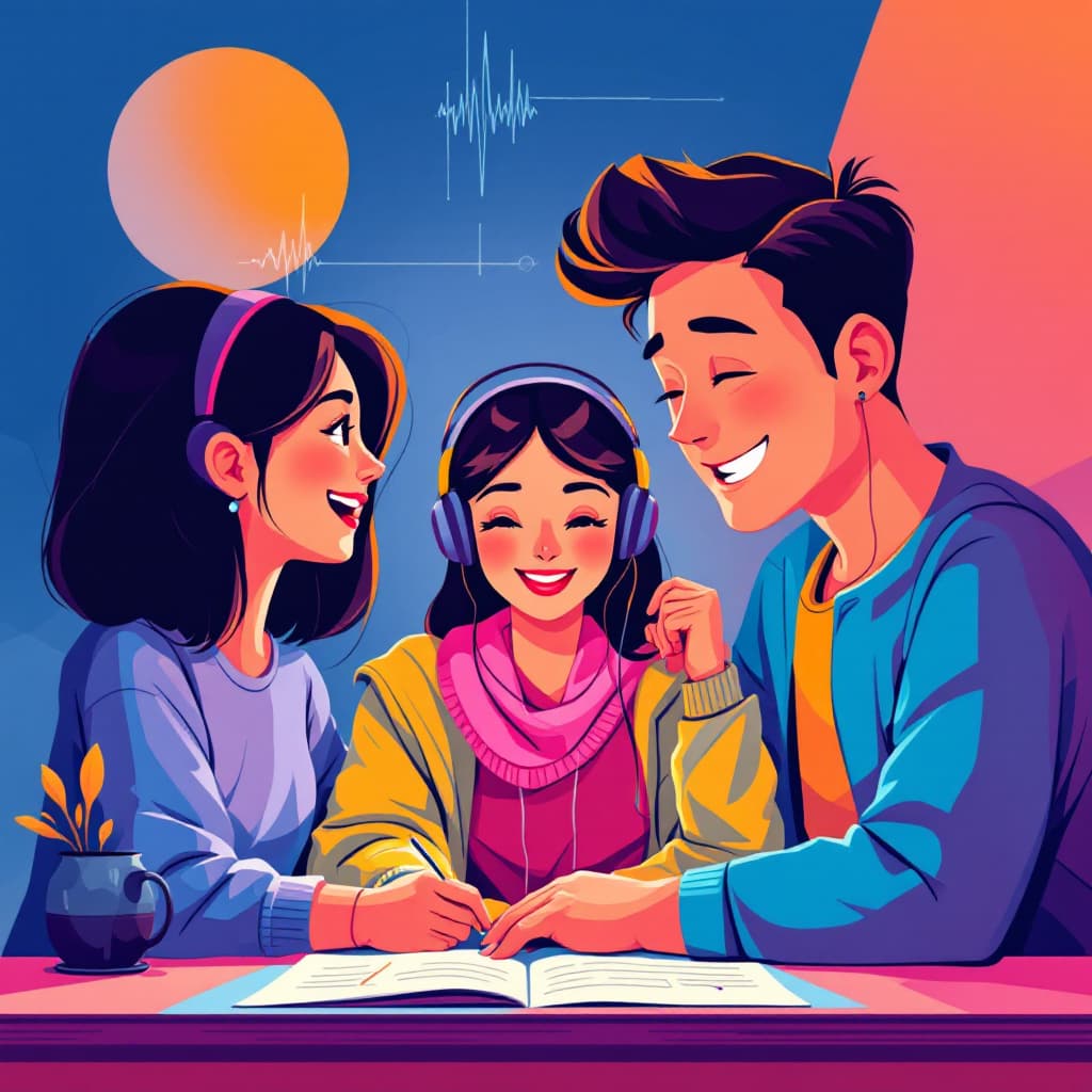 AI generated: A flat illustration of 2 asian women and 1 asian man happily studying about sound waves , with haris...