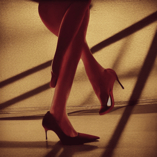 AI generated:  woman have red high heels shoes in the big empty  dark room in the corner stylish   A ray of sunlig...