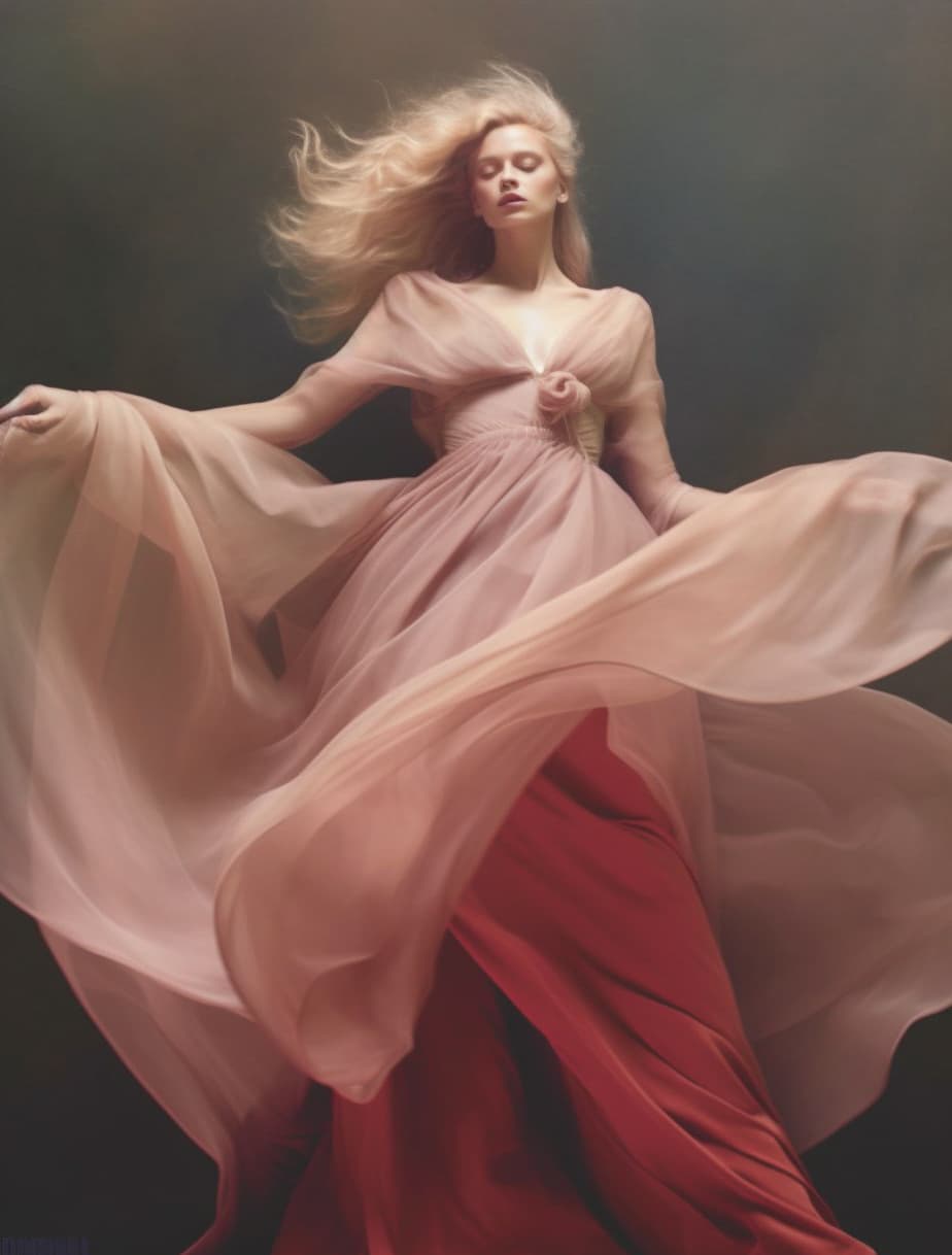 AI generated: a woman in a long dress on the cover of a magazine, dancing elegantly over you, long luxurious light...