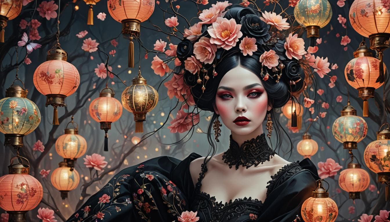 AI generated: A mesmerizing close-up portrait features a woman adorned with a floral headpiece and dressed in flow...