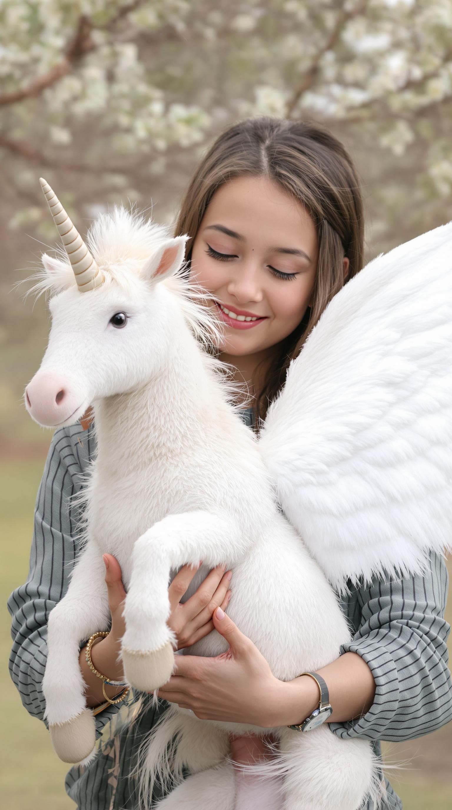AI generated: A girl holding a white unicorn in her hands, Unicorn has white wings, 8k, ultra-realistic