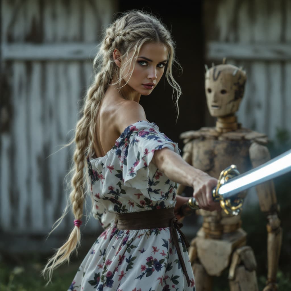 AI generated: full body view of A very beautiful minute blonde woman with braids, flowery dress, barefoot (((show ...