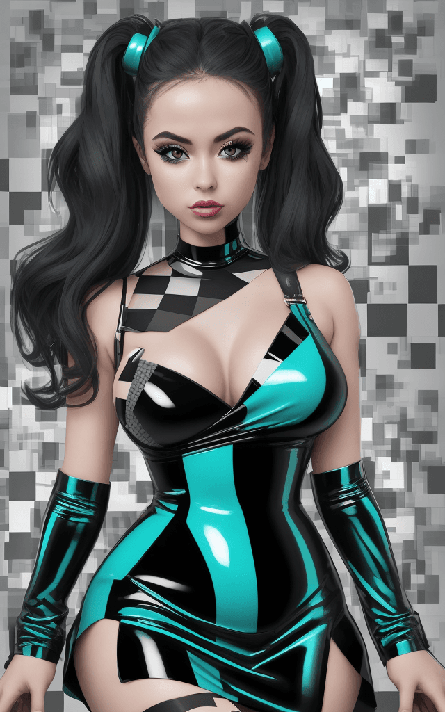 AI generated: design high-resolution glitching, full-close photo of an attractive dd-cup instagram model wearing a...
