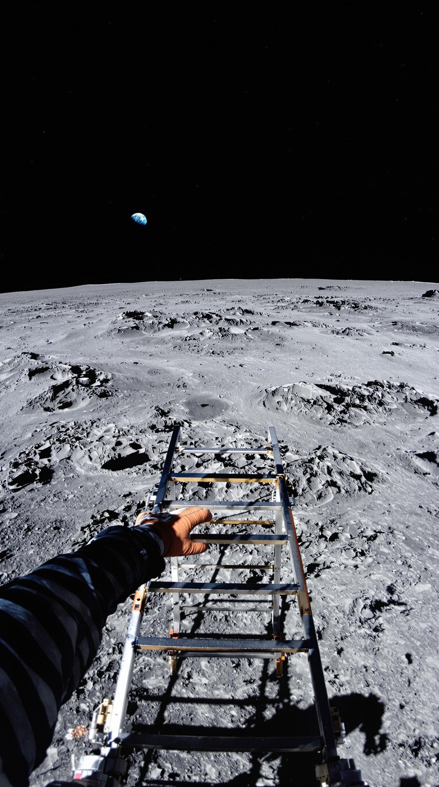 AI generated: First person POV from lunar module ladder, spacesuit gloves gripping ladder, one boot hovering above...