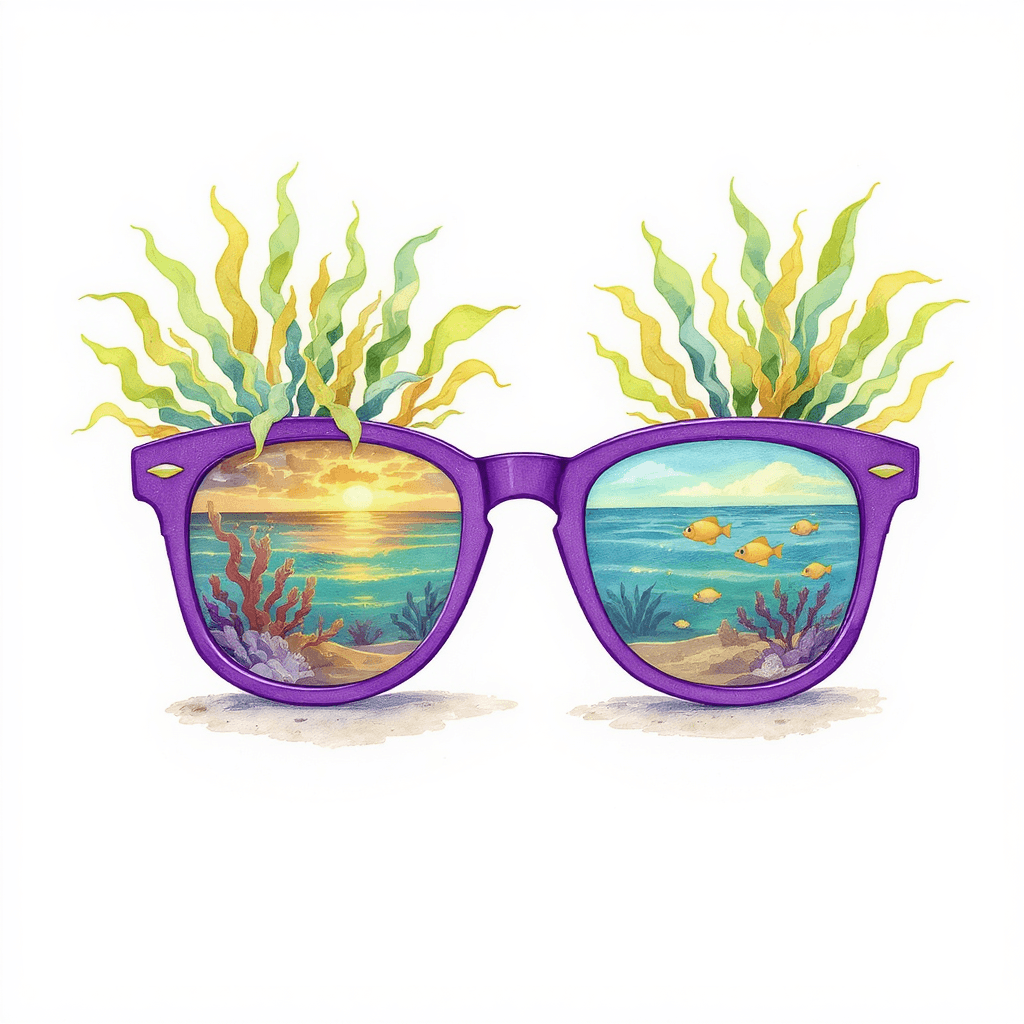 AI generated: A vibrant watercolor illustration depicting neon purple retro sunglasses with sea weeds growing on t...