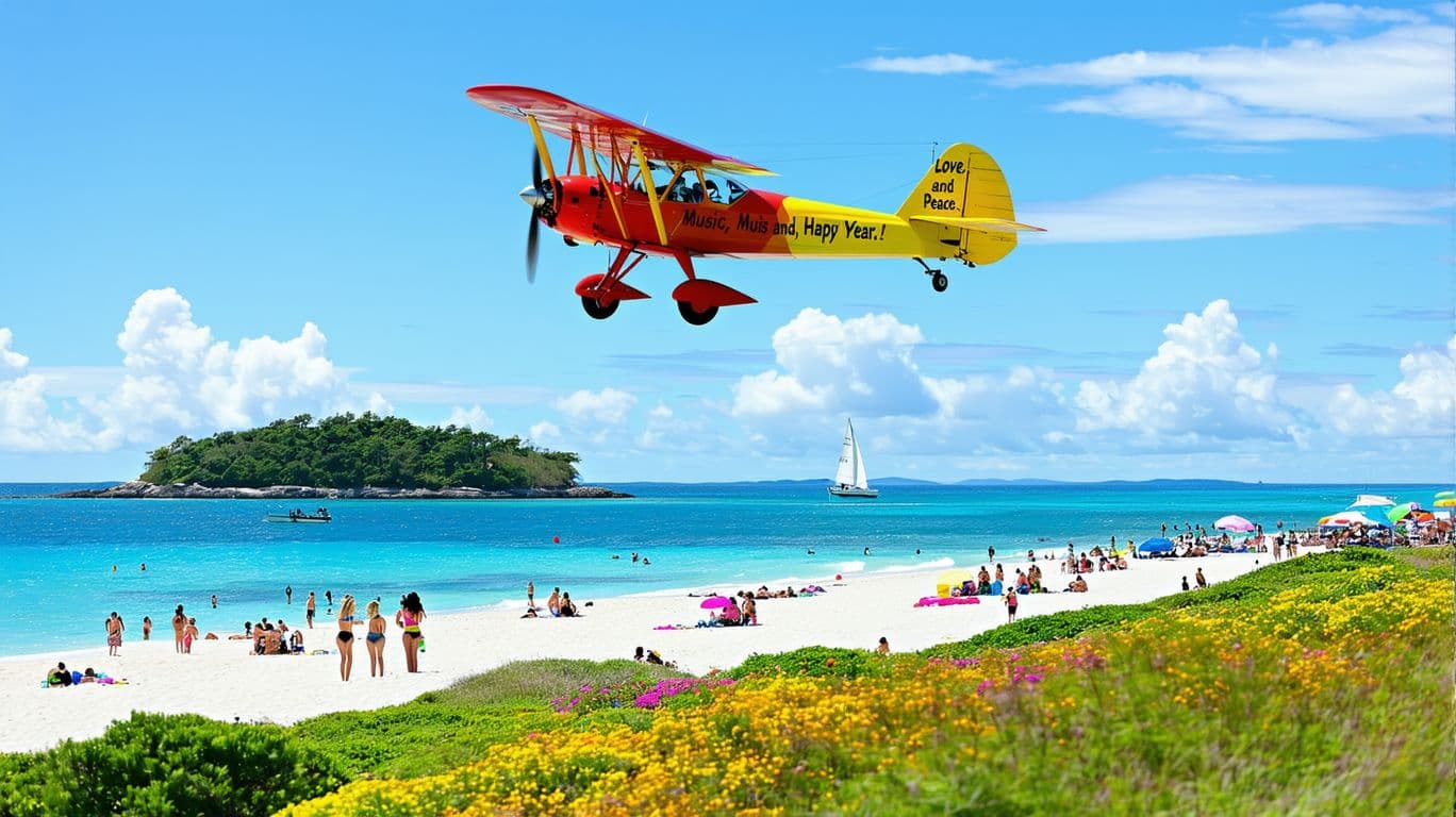 AI generated: oramic photograph of a vibrant morning at a beach with an island in the foreground, a blue sky dotte...