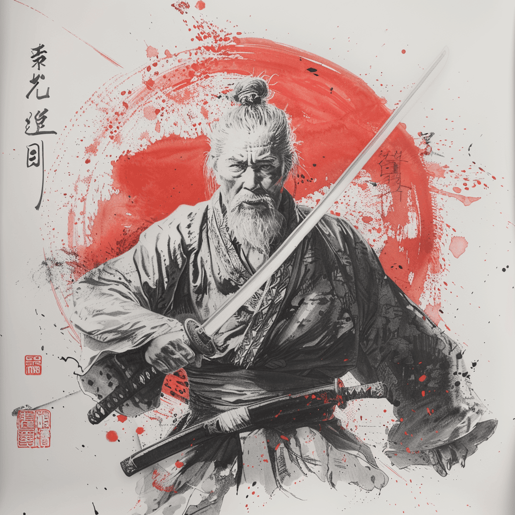 AI generated: Dynamic line art of elderly Japanese man battling fierce bear::4 Traditional kimono-clad grandpa, de...