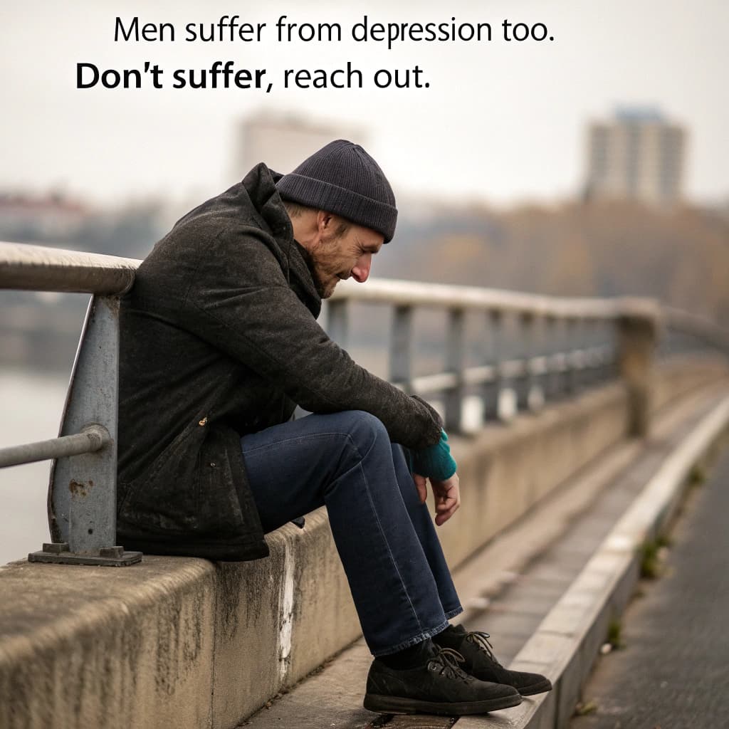 AI generated: rugged looking man sat in silence on the edge of a bridge. men suffer from depression to. don't suff...