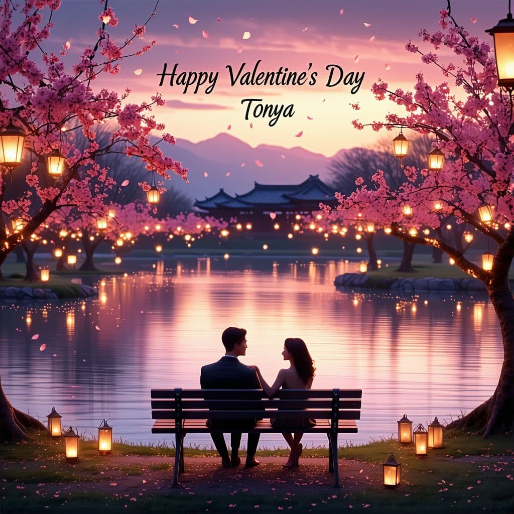 AI generated: Create a romantic Valentine's Day scene set in a beautiful park at sunset. In the foreground, there ...