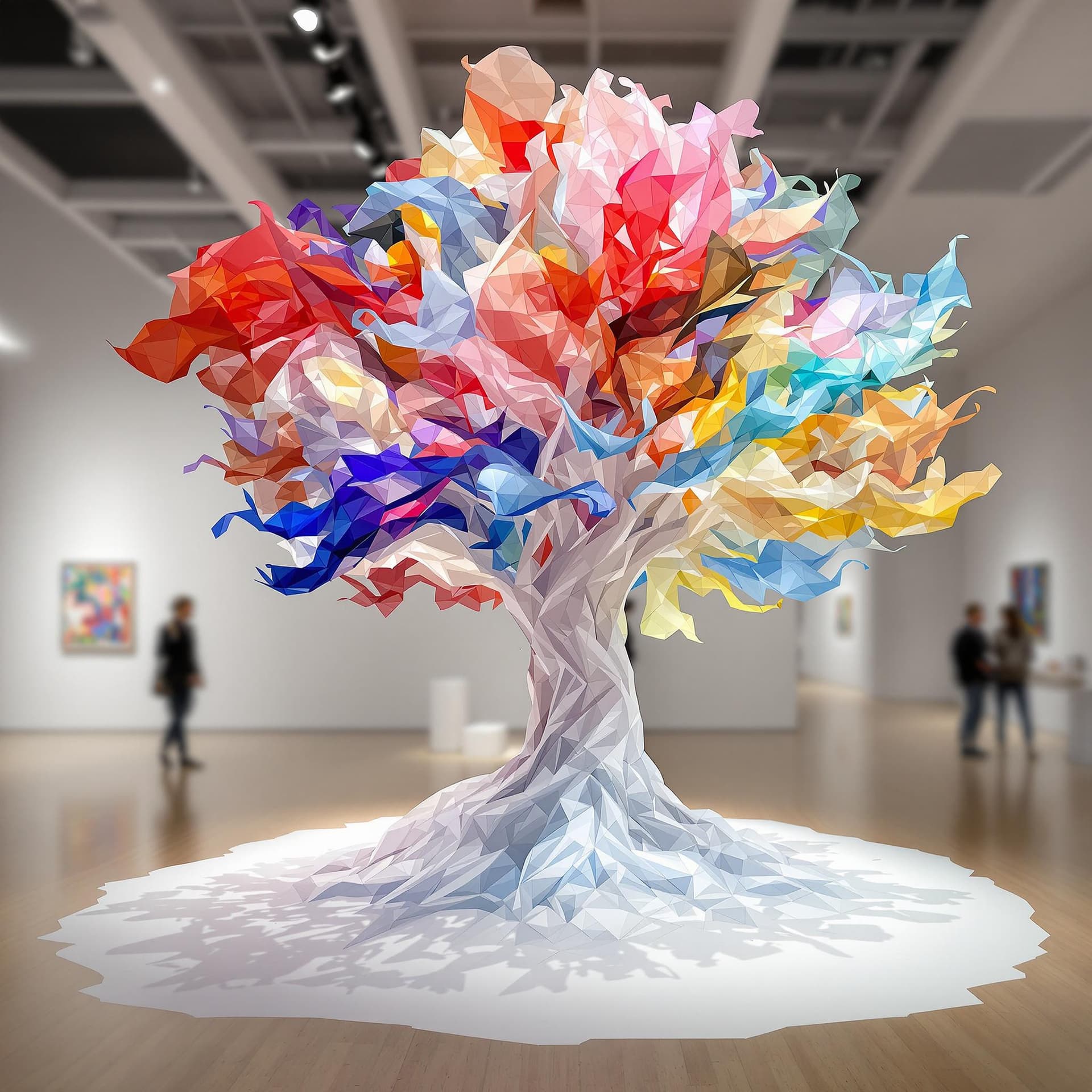 AI generated: 
Spatial design, colorful silk fabric sculpture located in indoor gallery in ethereal tree style, sp...