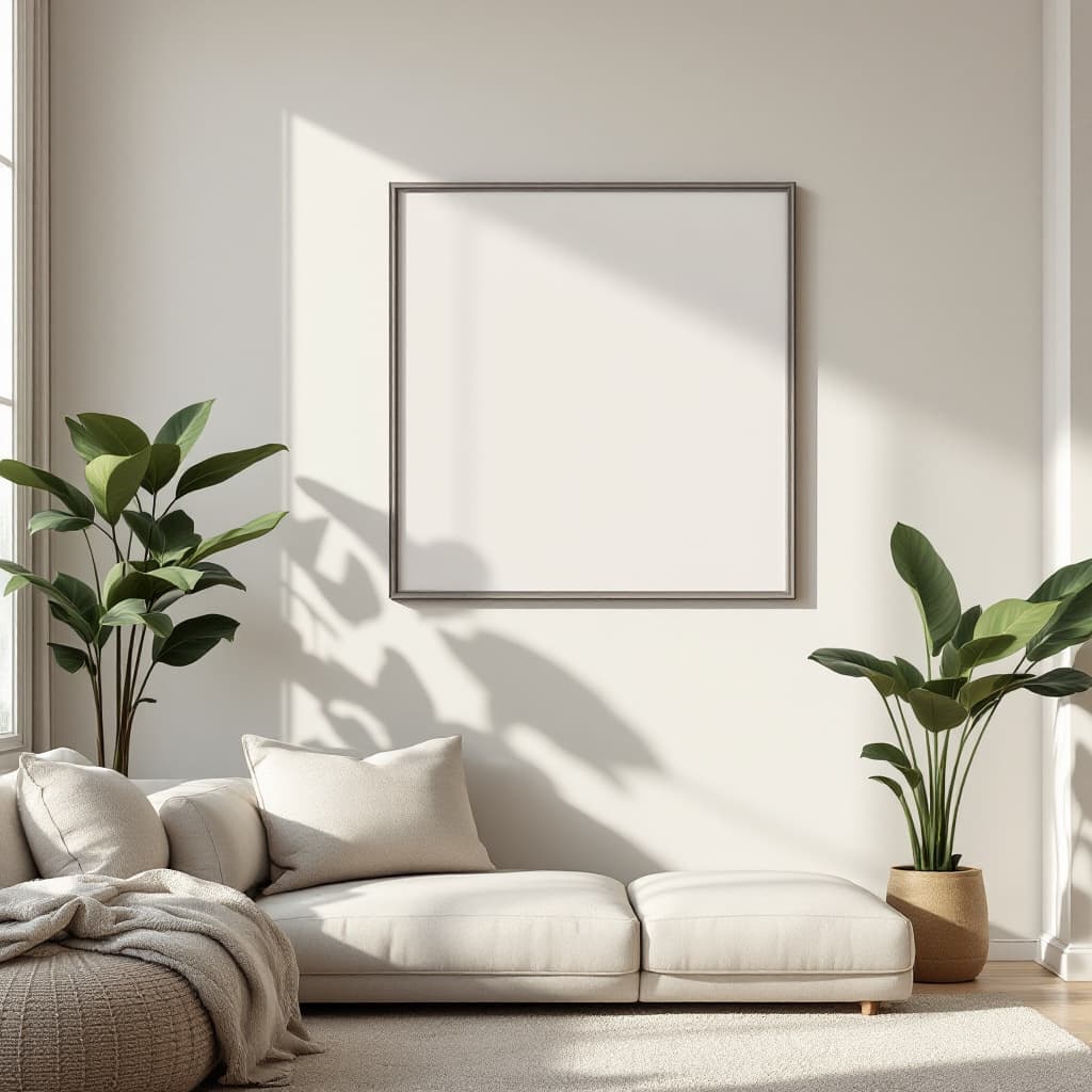 AI generated: A realistic, minimalistic living room with modern furniture in neutral tones, complemented by lush, ...
