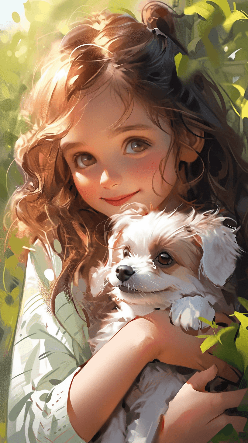 AI generated: A picture of a young girl holding a small puppy, inspired by Emma Watson, enchanting eyes details, g...