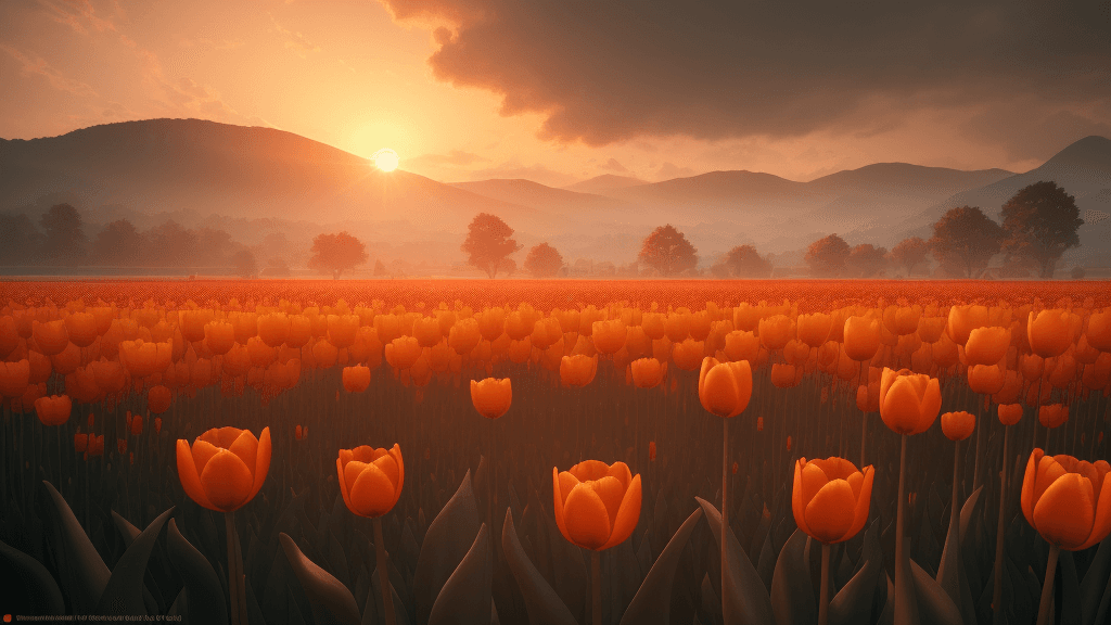 AI generated: Photo of a ultra realistic field of orange tulip flower, dramatic light, pale sunrise, cinematic lig...