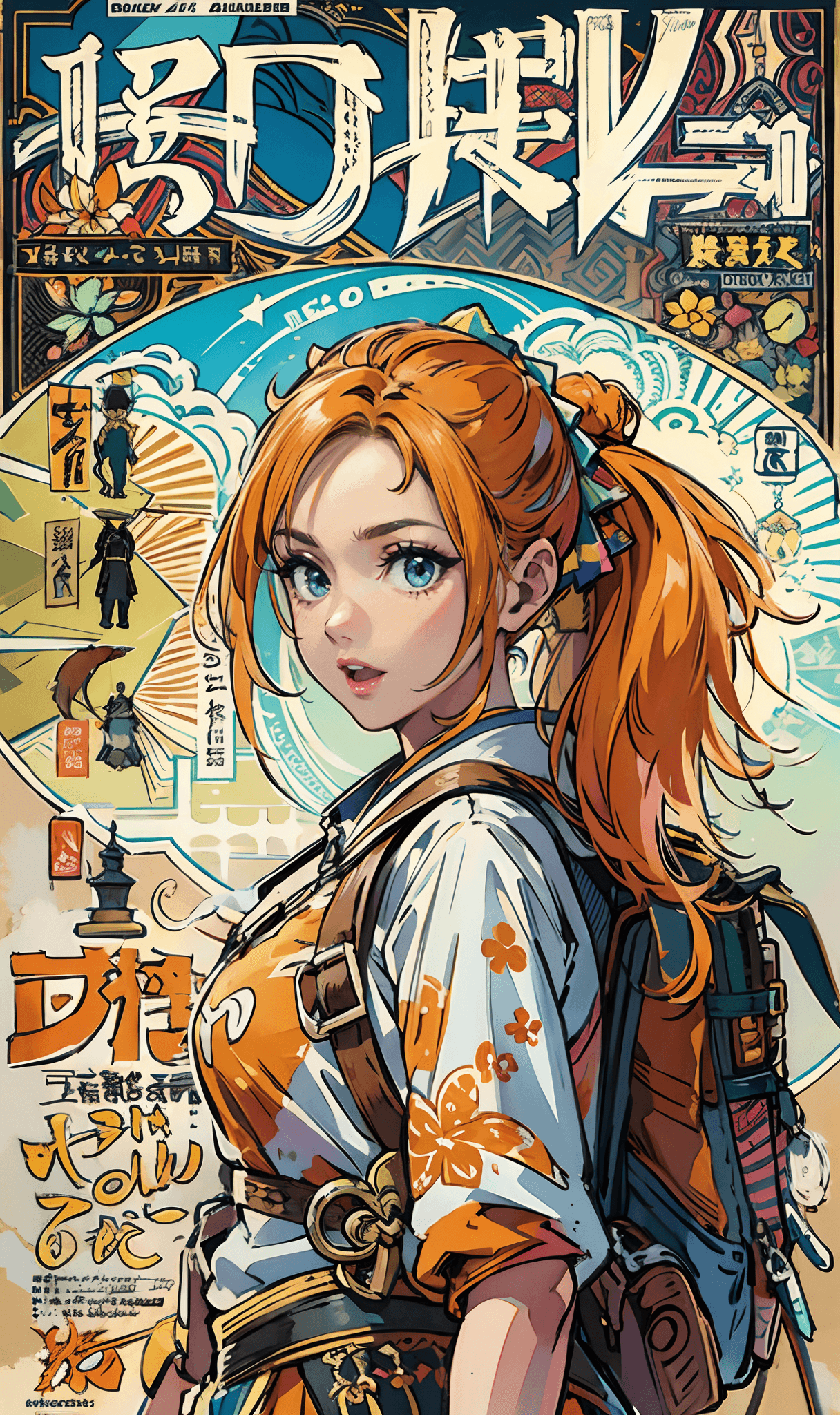 AI generated: (Best Quality, Masterpiece), centered, (fantasy theme), front cover of japanese travel magazine, con...