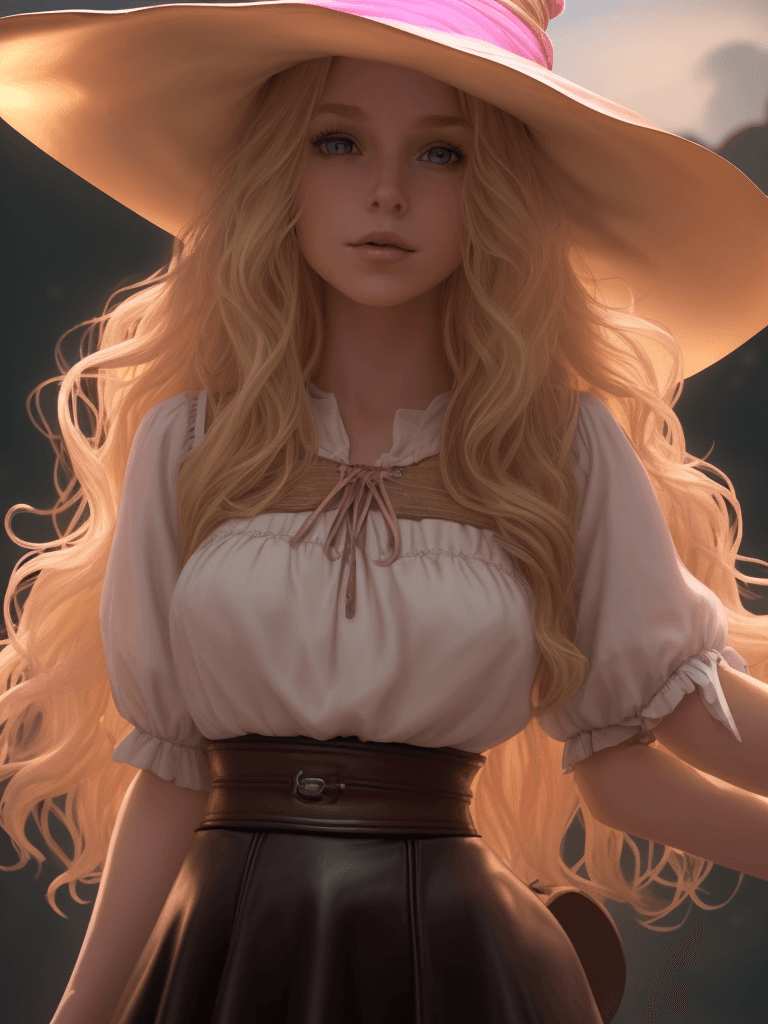 AI generated: solo focus, 1 girl, romantic, beautiful American witch, (arms outstretched, long wavy Blonde hair, g...