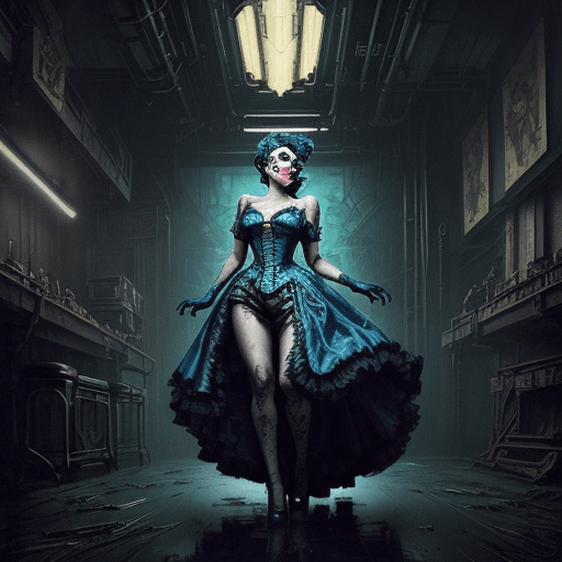 AI generated: Cinderella villain, pinup scifi, gloomy steampunk, dark undertones, madness city on background, Illu...