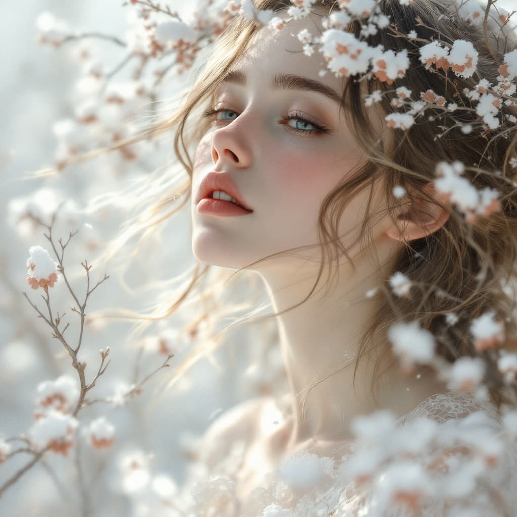 AI generated: Soft and ethereal girl, adorned with intricate details, delicate features and flowing hair, reminisc...