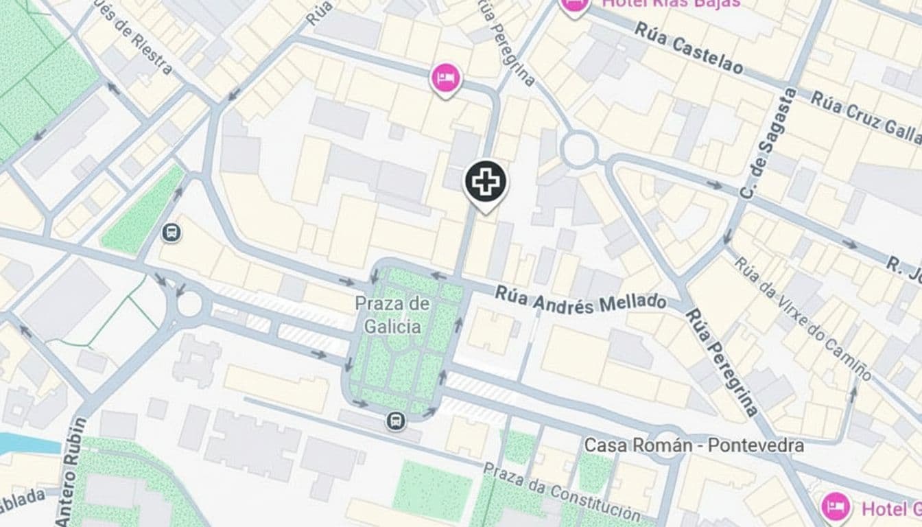 AI generated: It should show a hospital cross instead of O Sanatorio and it should show green spaces and the stree...