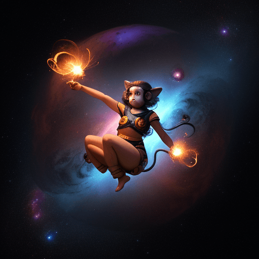AI generated: ultra realistic beautiful and cute female anthropomorphic space monkey flow artist juggling fire Poi...
