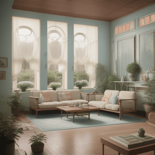 AI generated: High resolution photography interior design, dreamy sunken living room conversation pit, wooden floo...