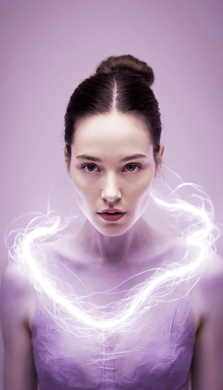 AI generated: fashion editorial, a close portrait of beautiful dark haired woman is studio with purple lightning o...