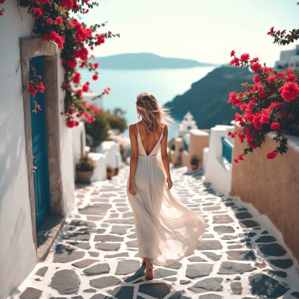 AI generated: A graceful 24-year-old woman with sun-kissed skin walks along a cobblestone path toward the viewer i...