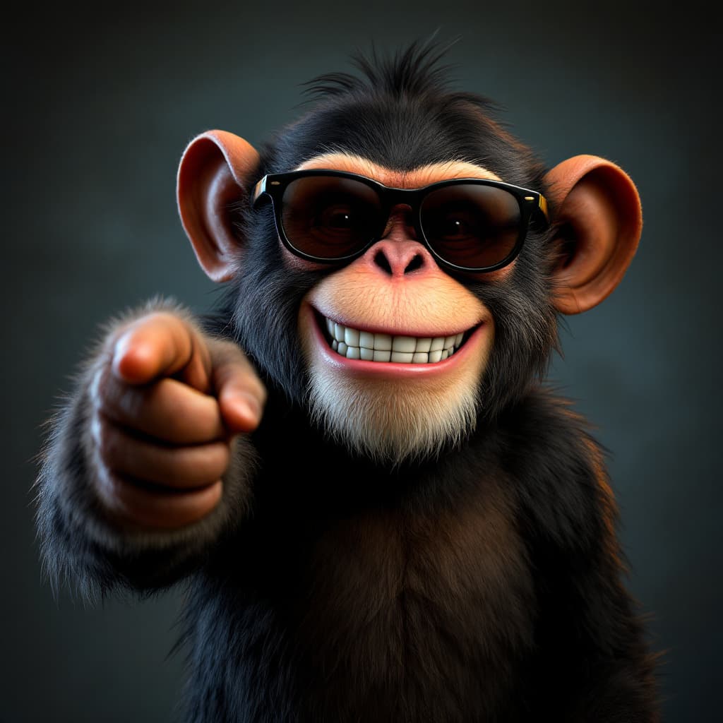 AI generated: A smiley monkey with dark glasses and a beer in hand pointing towards the camera