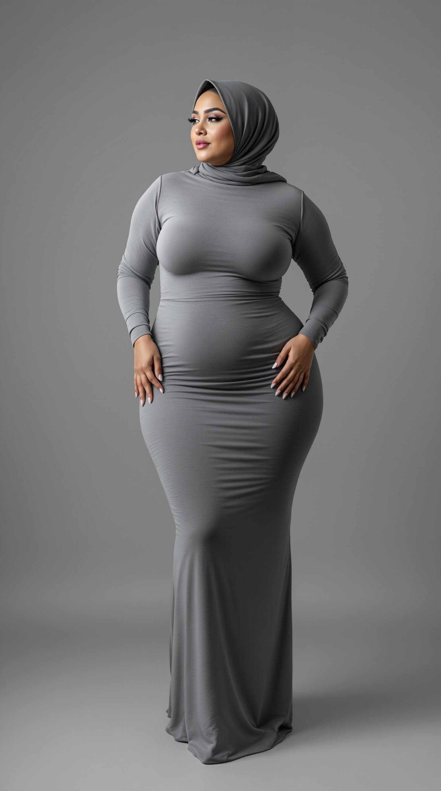 AI generated: Medium shot .a curvy woman with (large rump:1.3), and narrow waist, thick legs.cute face with hijab ...