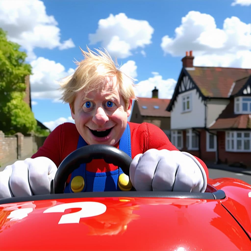 AI generated: Boris Johnson driving his Mario car, his face full of enjoyment as he picks up the "?".
