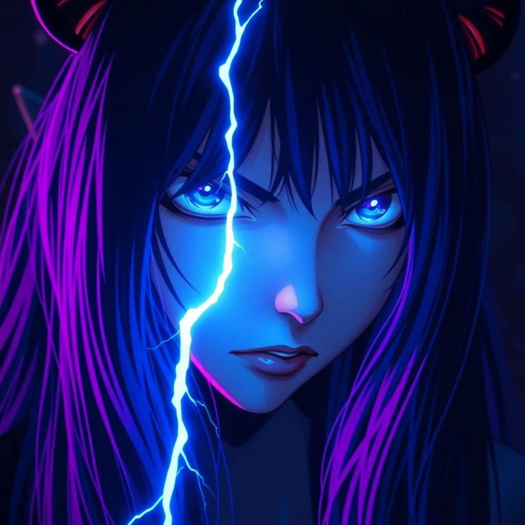 AI generated: a close up of a person with long hair, demon black blue purple, little angry girl with blue hair, am...