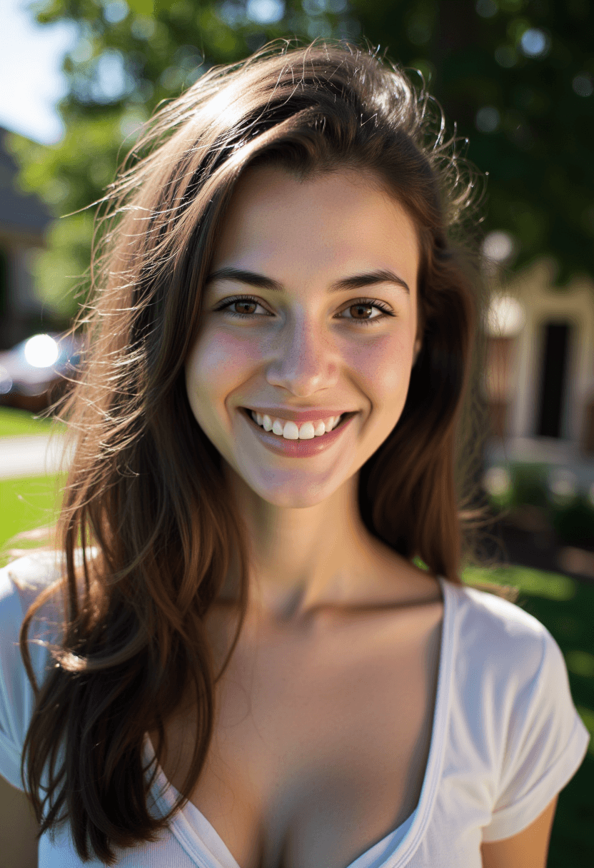 AI generated: A young woman with long, slightly messy brunette hair and light, expressive eyes stands in a sunlit ...