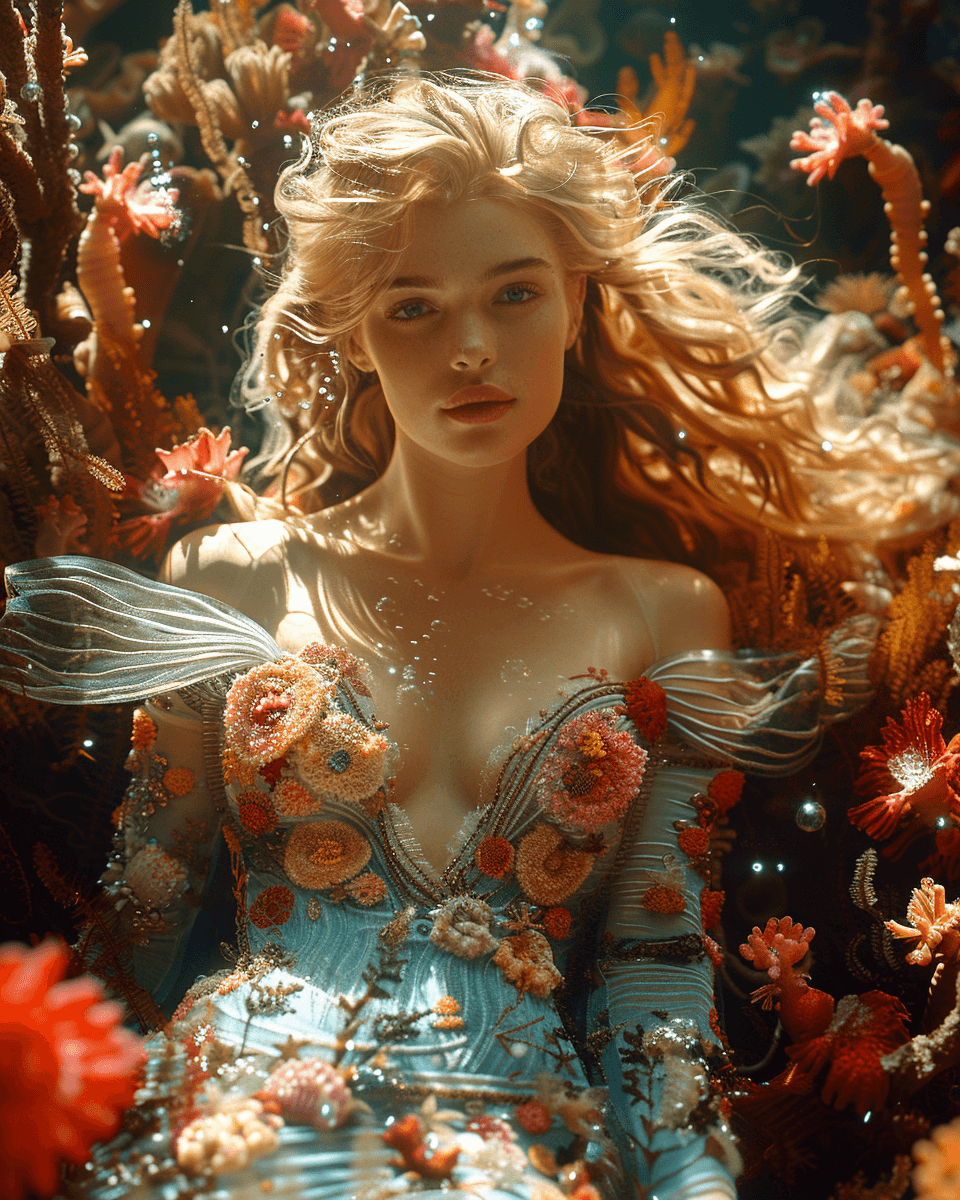 AI generated: beautiful mermaid laying on coral reef, deep sea photography, coral reef, fish and bubbles, cinemati...