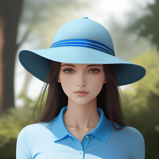 AI generated: beautiful serene woman, blue polo, blue hat