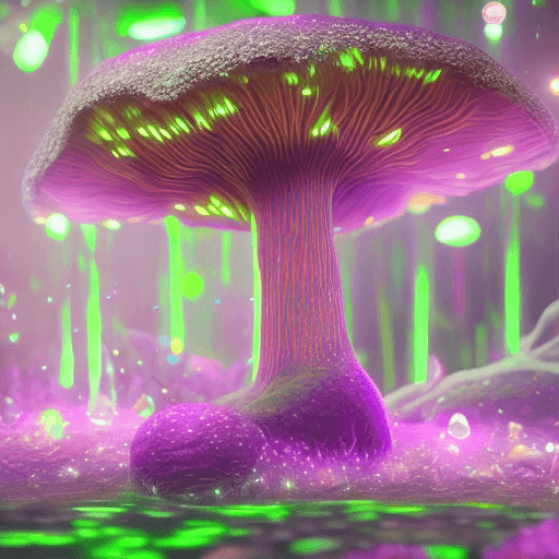 AI generated: neon glowing bioluminescent soft skinned mushroom with luminous forest backdrop, incredible detail, ...