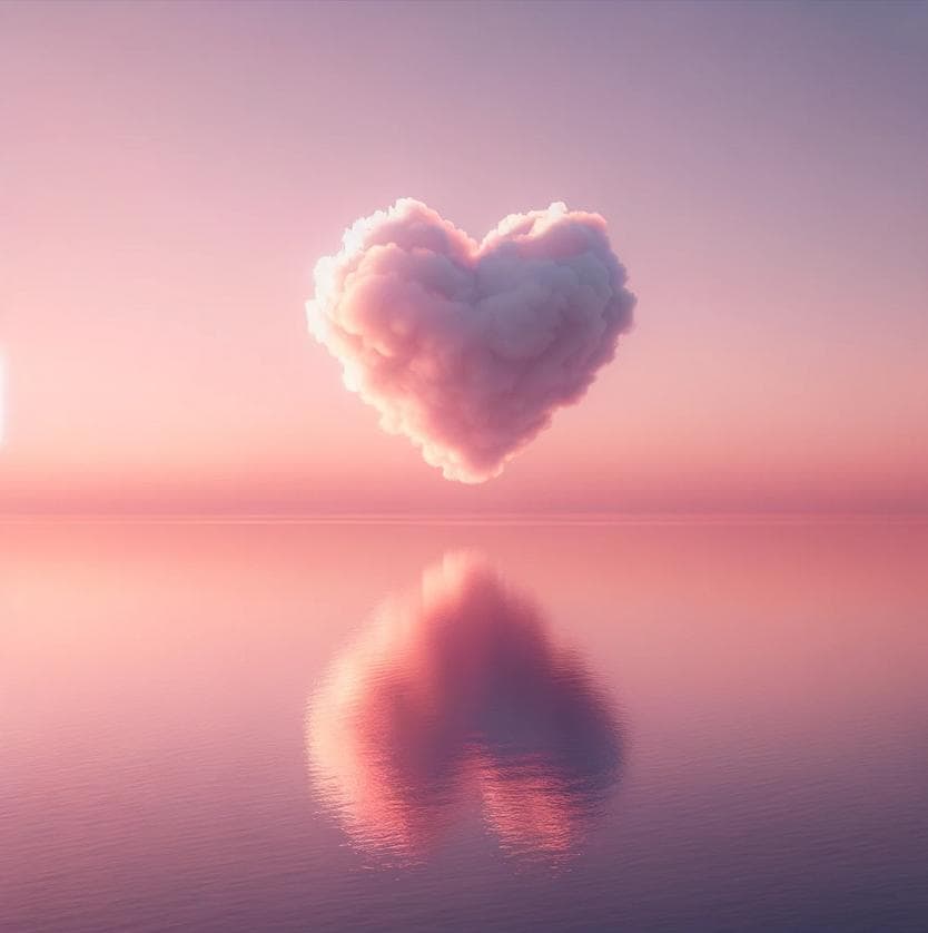 AI generated: Envision a serene dawn over a tranquil sea, where a heart-shaped cloud, ethereal and light, floats i...